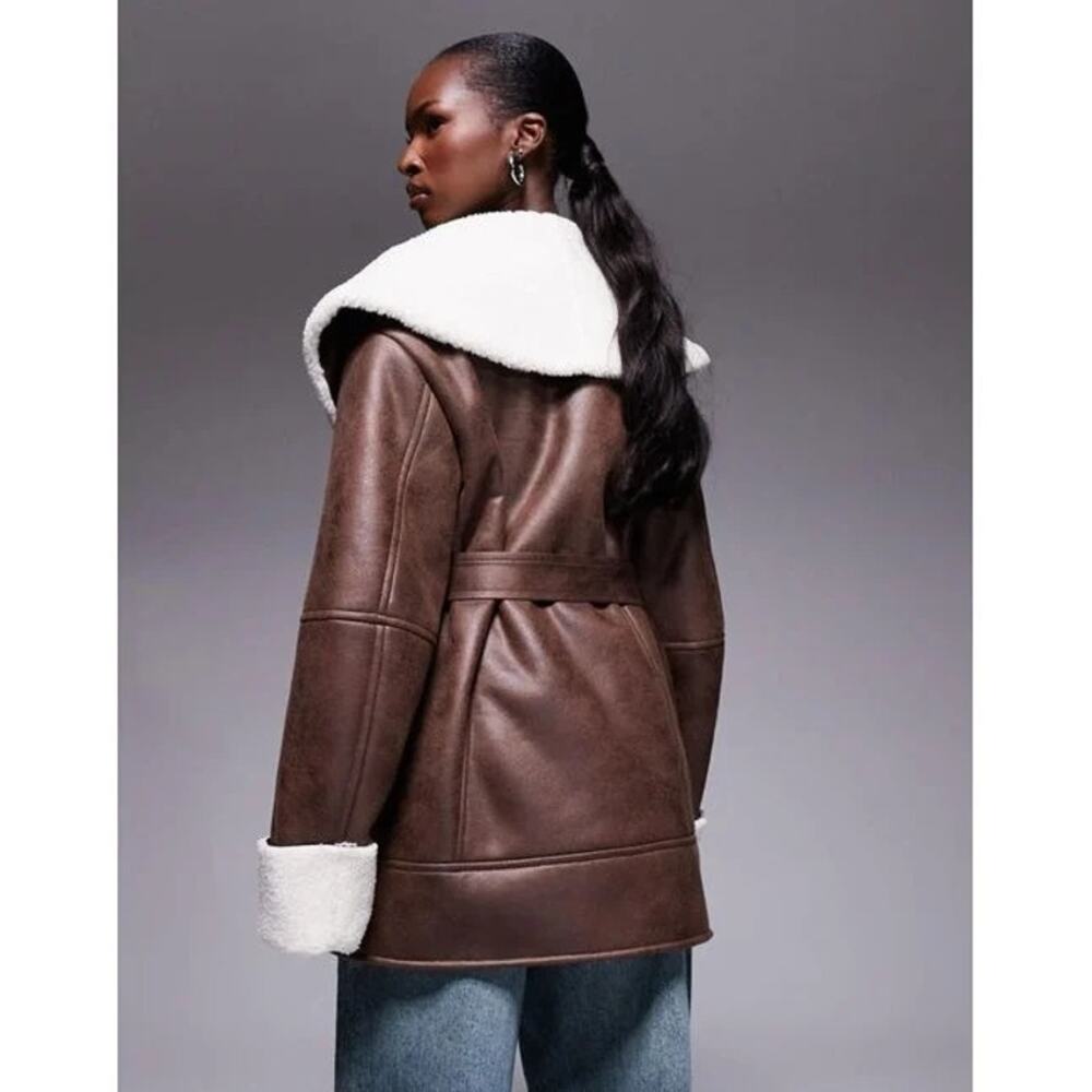 NWOT The Frolic Faux Shearling and Cream Belted Coat in Brown S155 - Picture 2 of 4